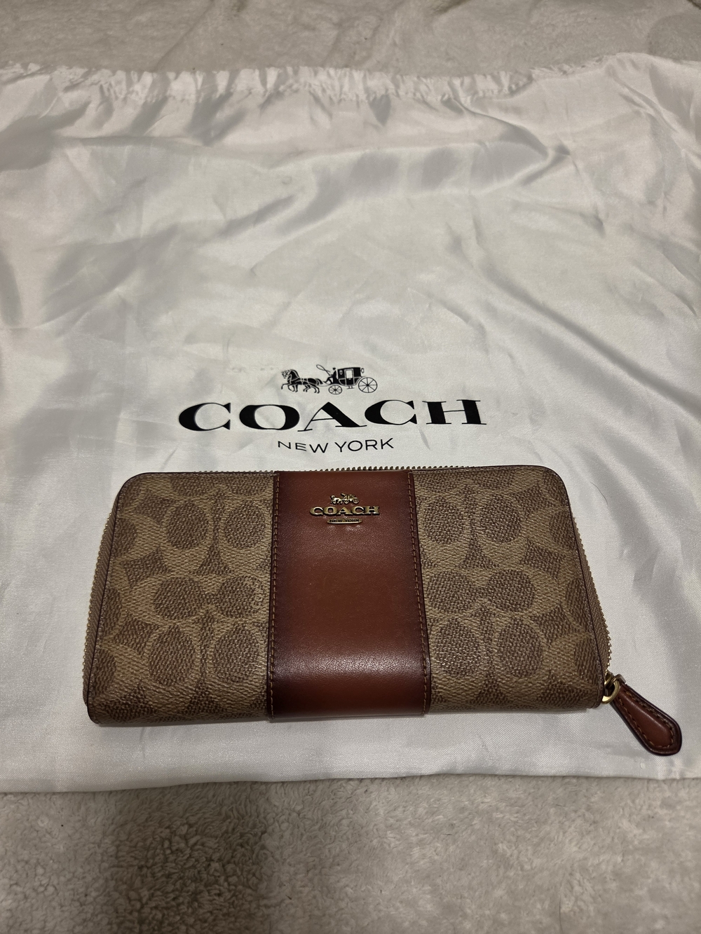 Coach Brown Signature Canvas Zip Wallet with Leather Center